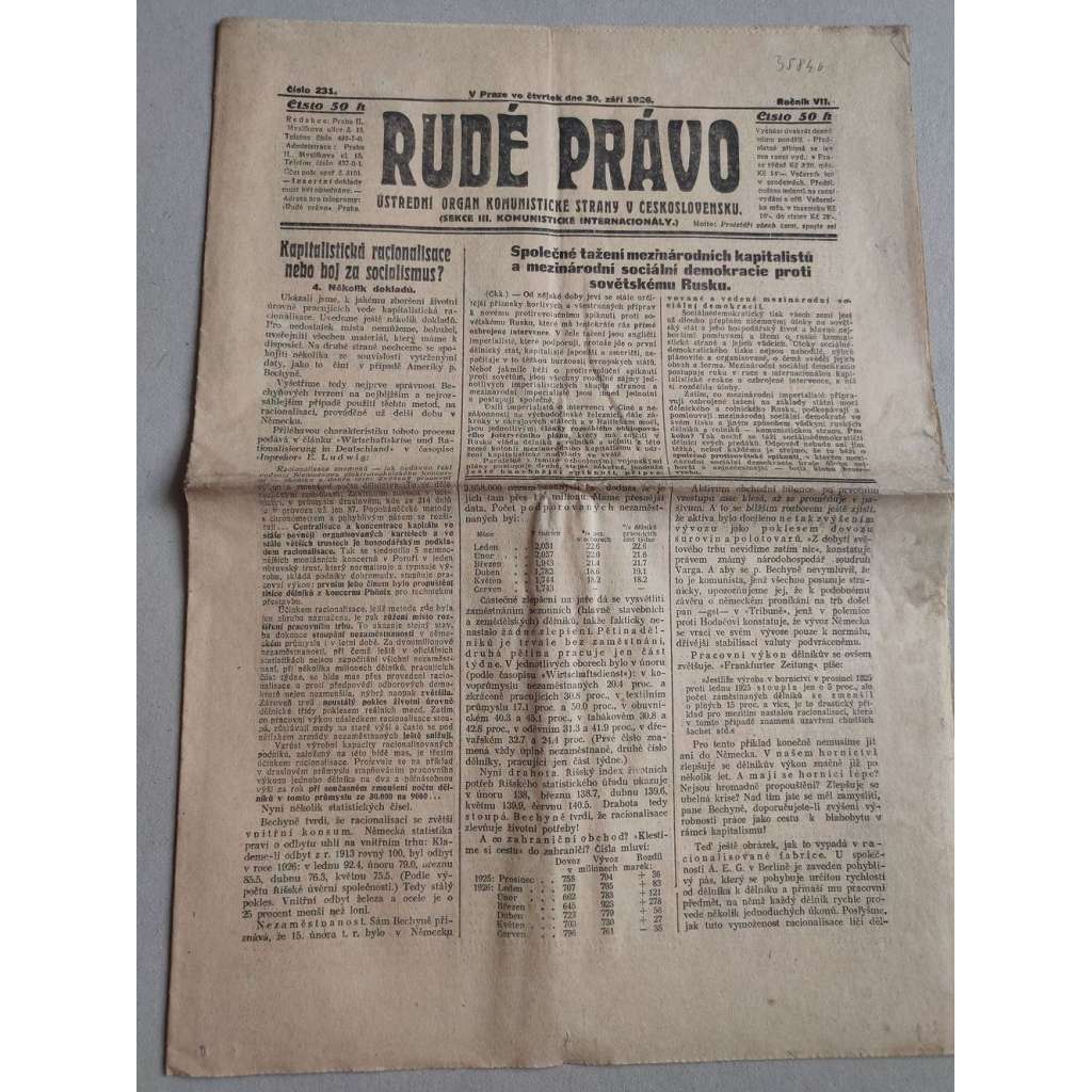 Rudé právo (30.9.1926) Ročník VII. - 1. republika, staré noviny