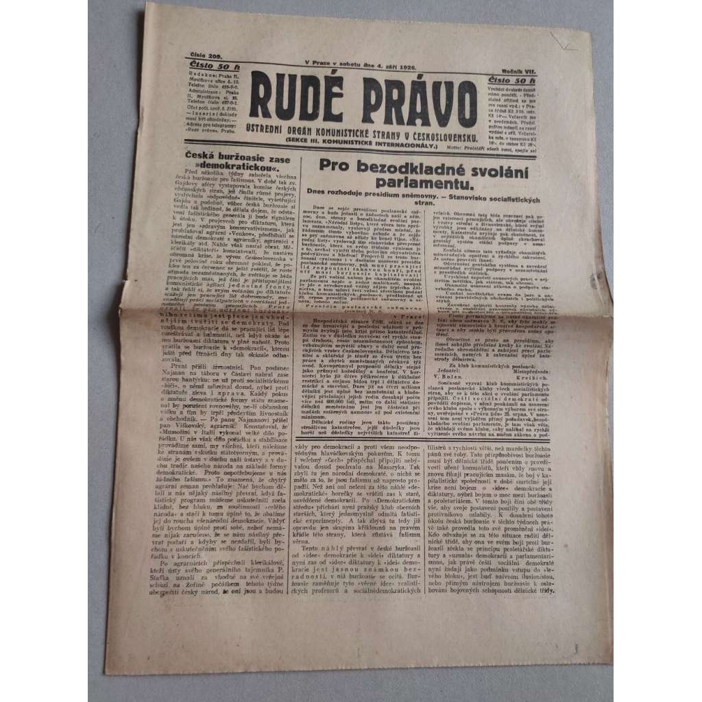 Rudé právo (4.9.1926) Ročník VII. - 1. republika, staré noviny