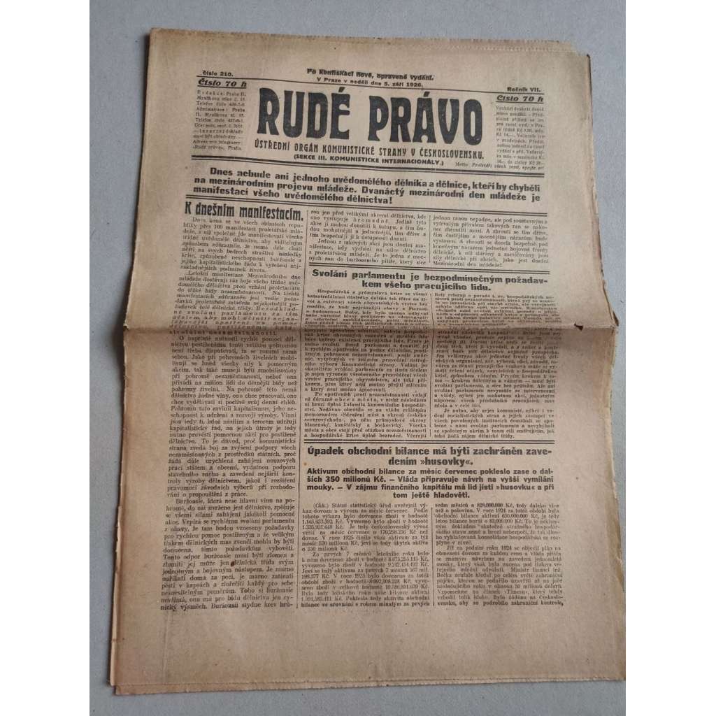 Rudé právo (5.9.1926) Ročník VII. - 1. republika, staré noviny