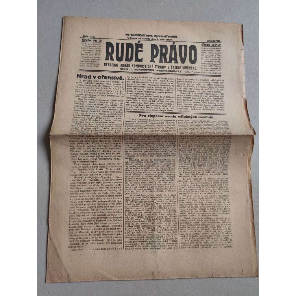 Rudé právo (8.9.1926) Ročník VII. - 1. republika, staré noviny