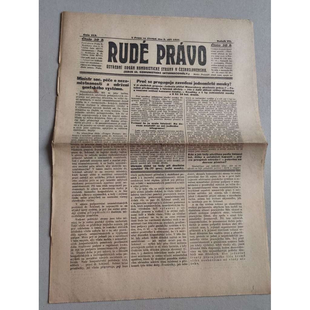 Rudé právo (9.9.1926) Ročník VII. - 1. republika, staré noviny