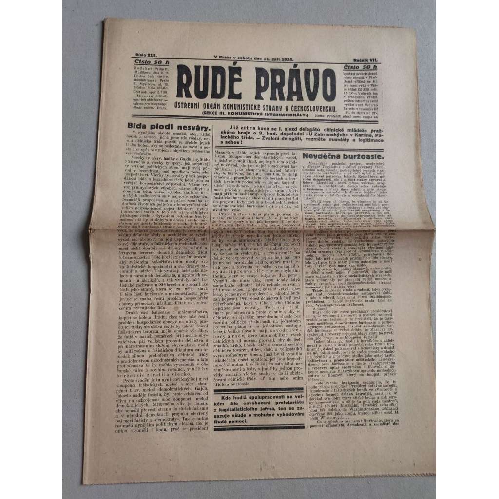 Rudé právo (11.9.1926) Ročník VII. - 1. republika, staré noviny