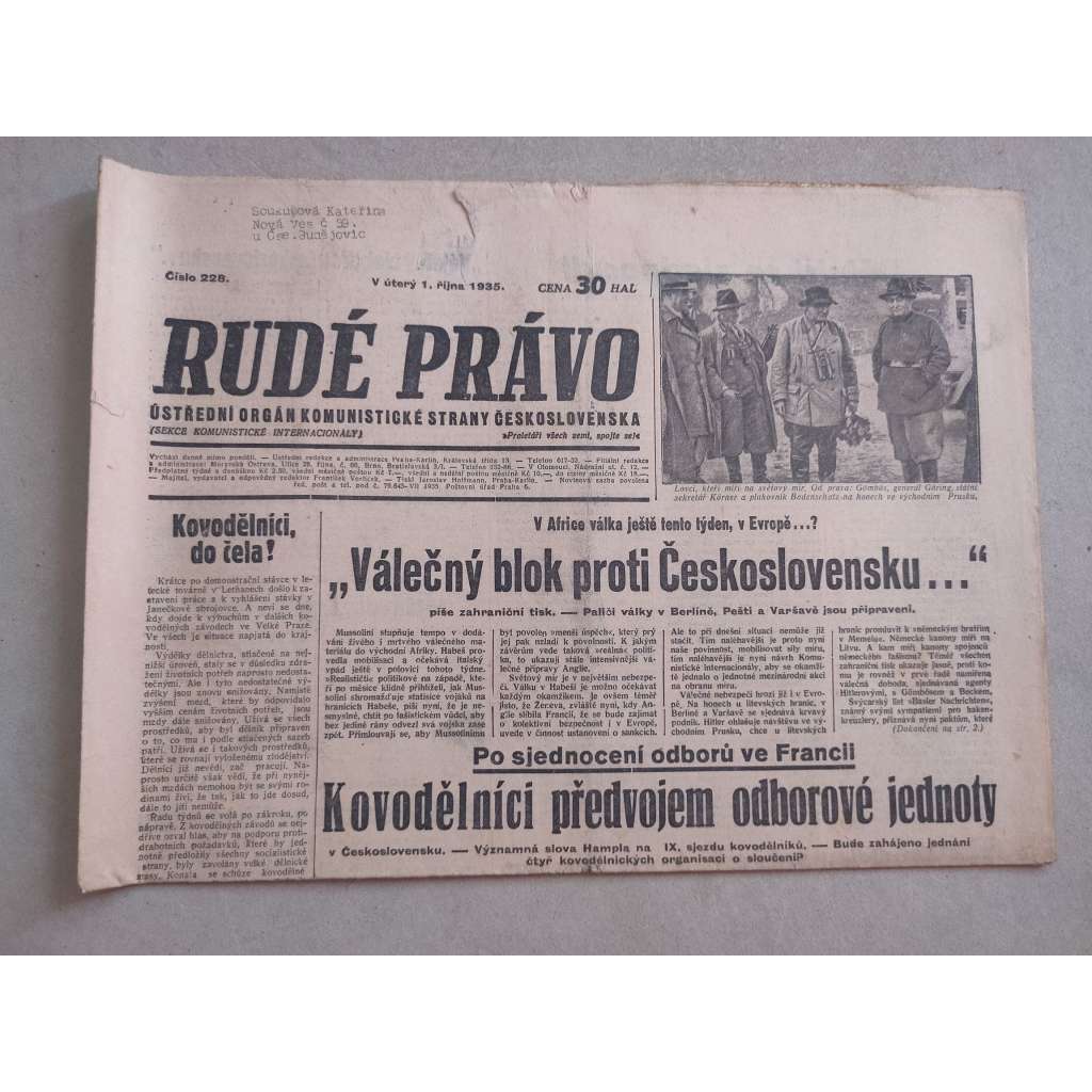 Rudé právo (1.10.1935) - 1. republika, staré noviny