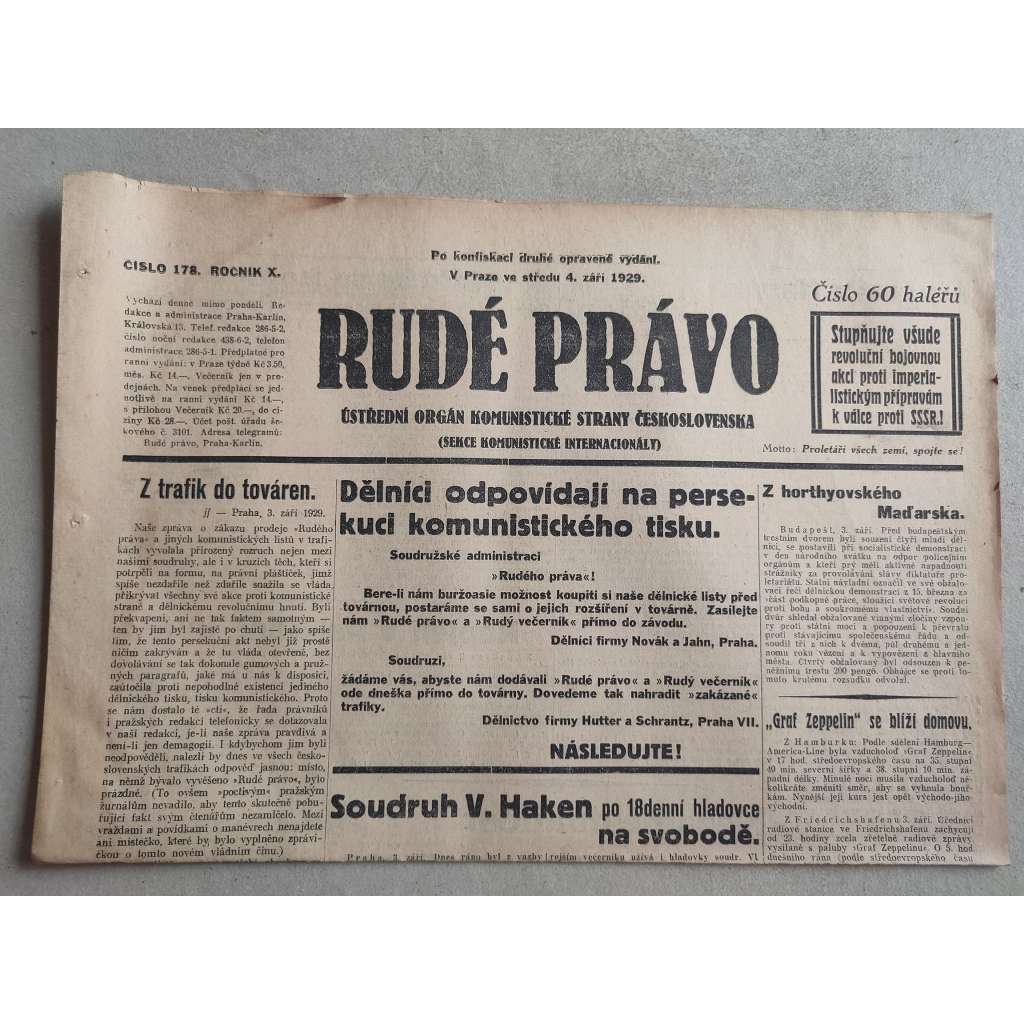 Rudé právo (4.9.1929; ročník X.) - 1. republika, staré noviny