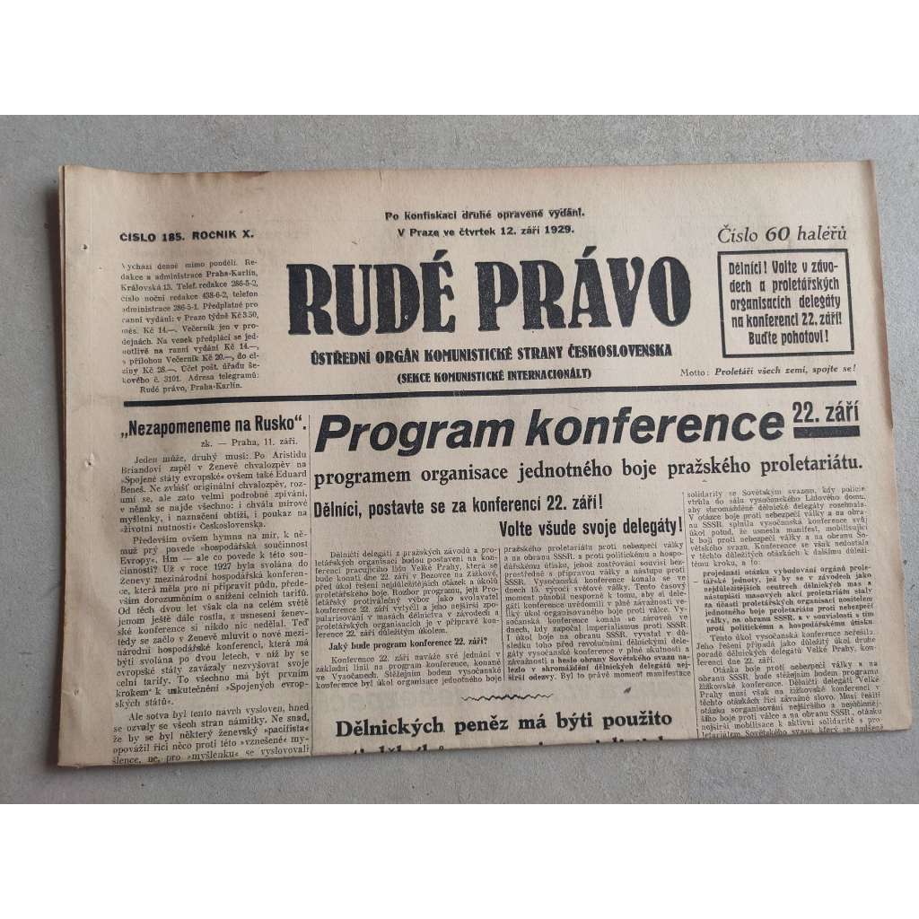 Rudé právo (12.9.1929; ročník X.) - 1. republika, staré noviny