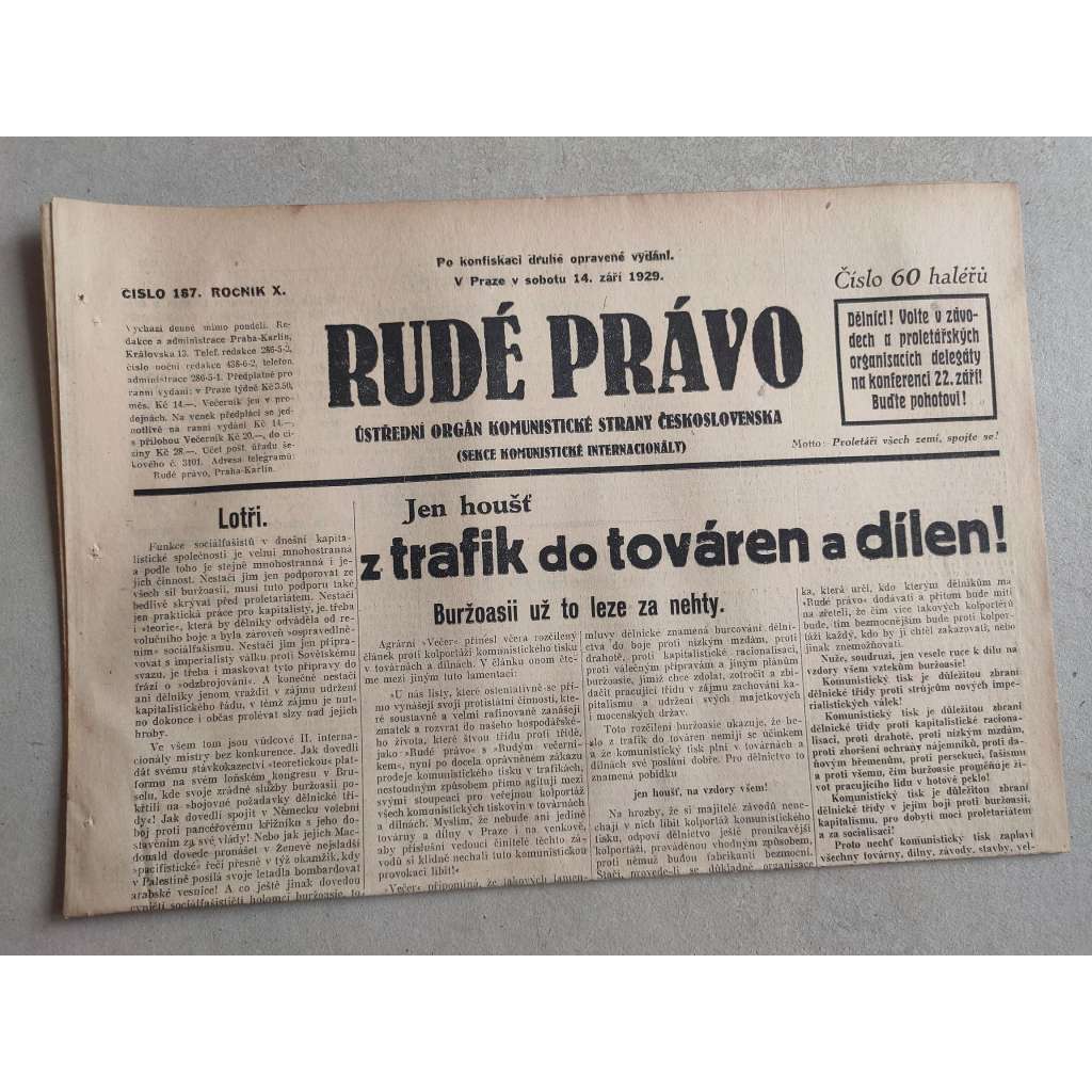 Rudé právo (14.9.1929; ročník X.) - 1. republika, staré noviny