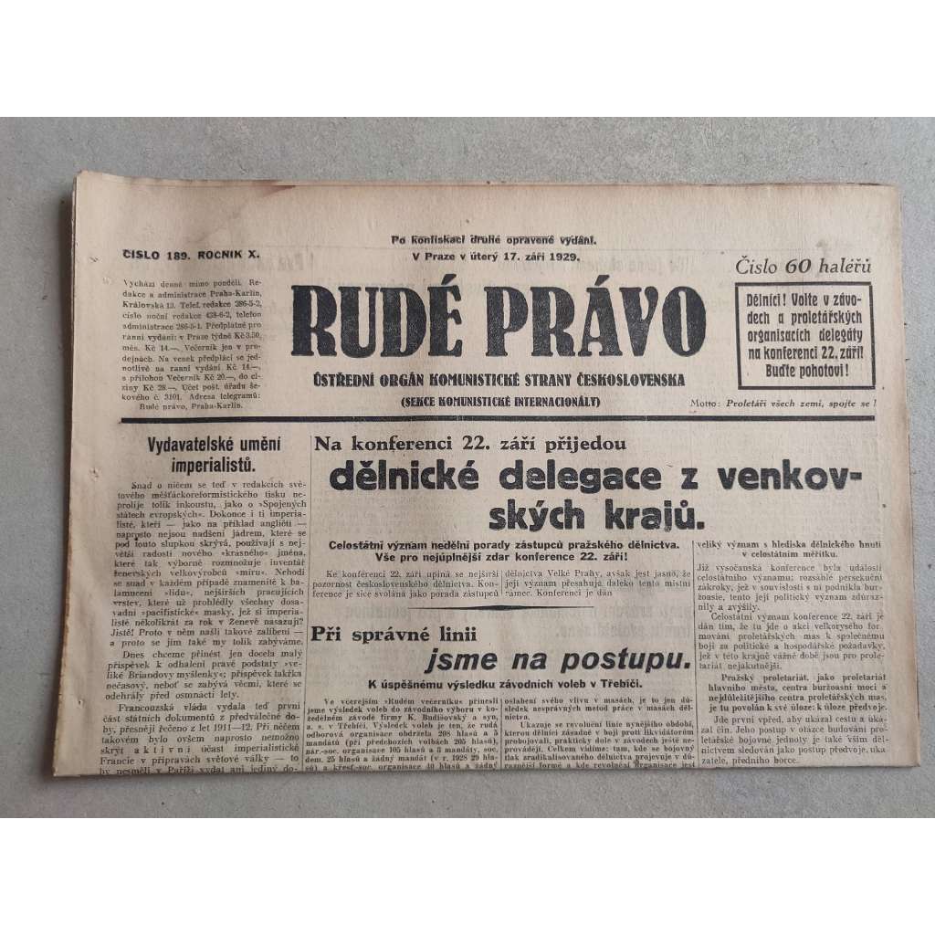 Rudé právo (17.9.1929; ročník X.) - 1. republika, staré noviny