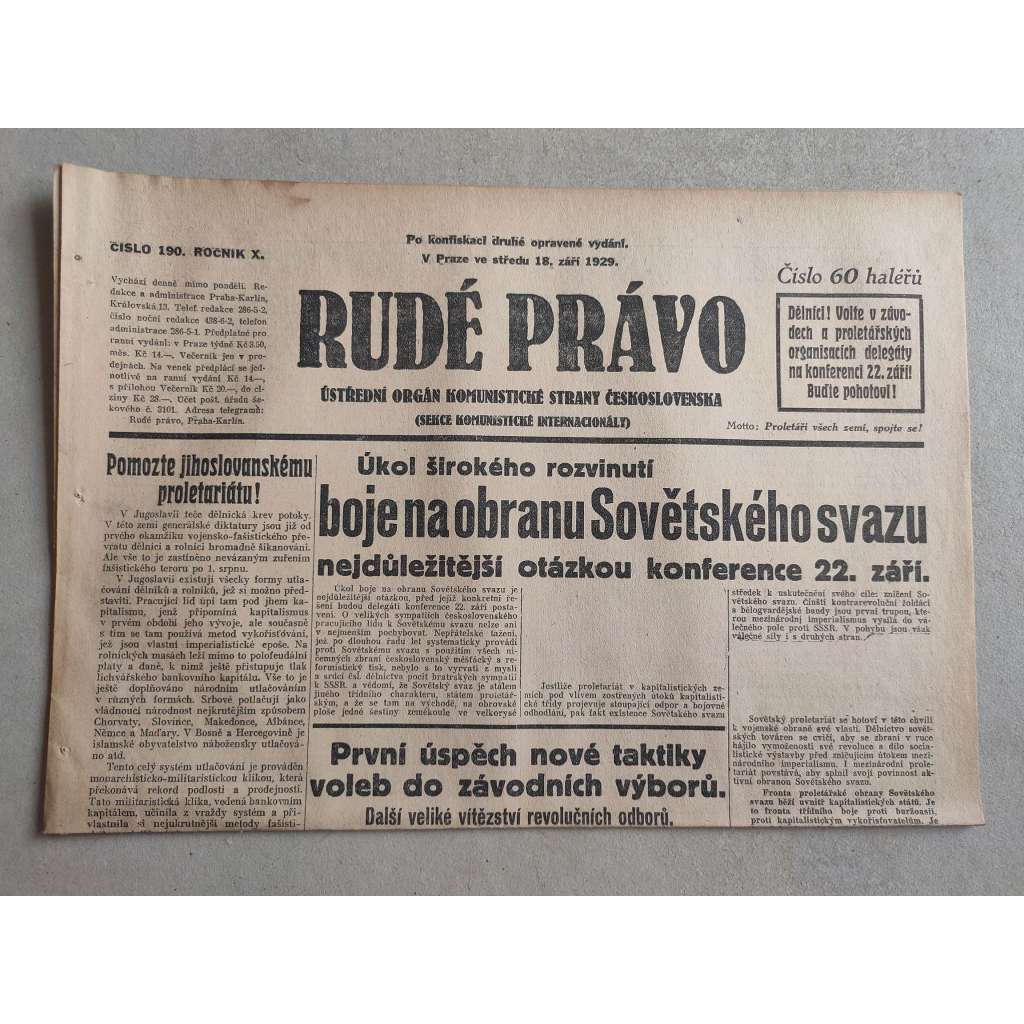 Rudé právo (18.9.1929; ročník X.) - 1. republika, staré noviny