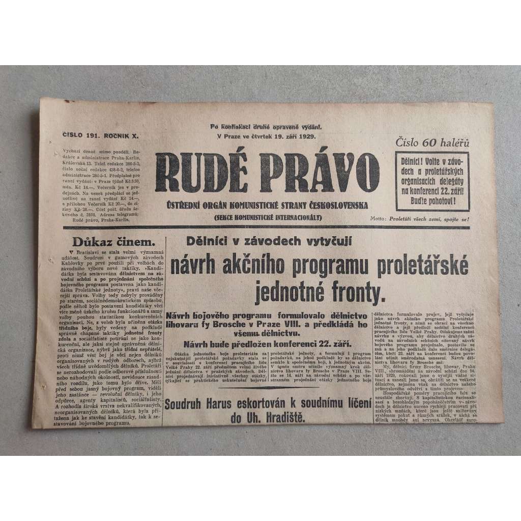 Rudé právo (19.9.1929; ročník X.) - 1. republika, staré noviny