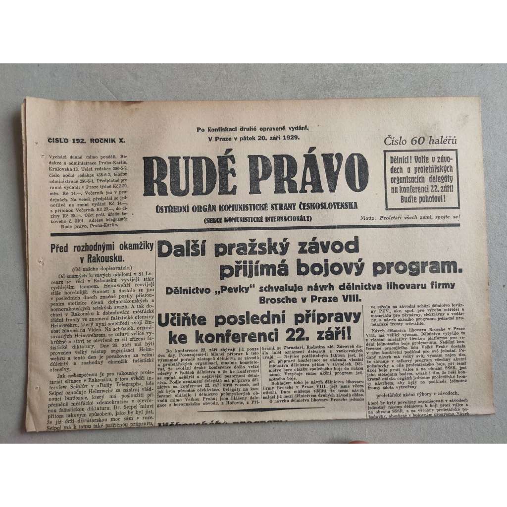 Rudé právo (20.9.1929; ročník X.) - 1. republika, staré noviny