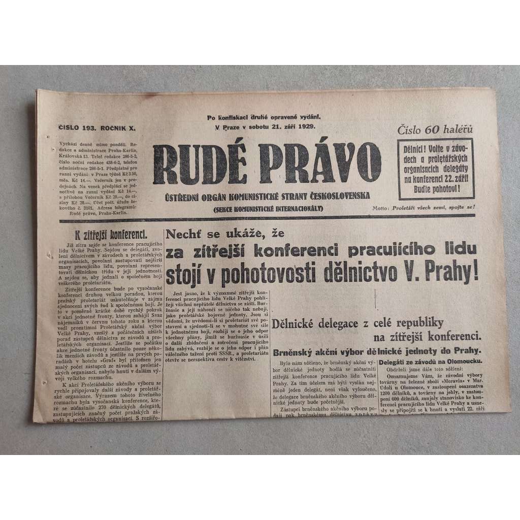 Rudé právo (21.9.1929; ročník X.) - 1. republika, staré noviny