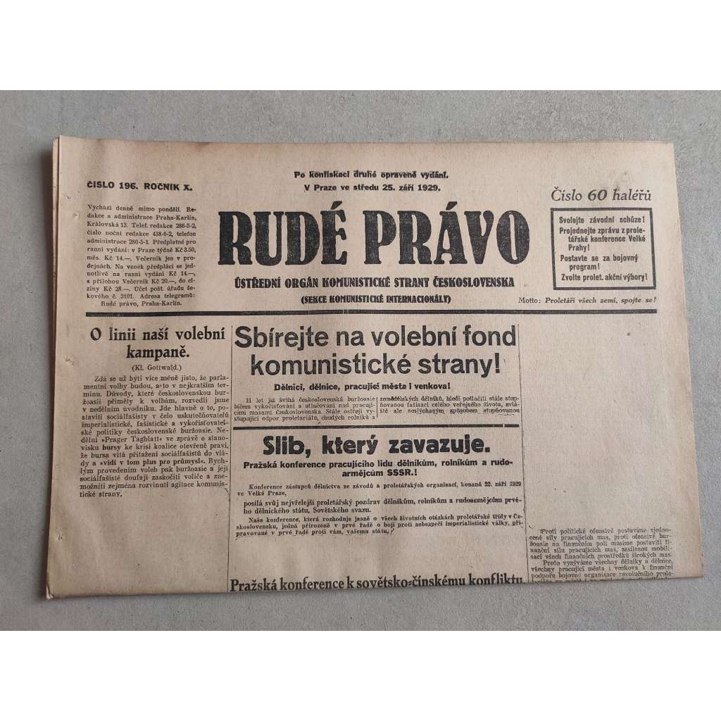 Rudé právo (25.9.1929; ročník X.) - 1. republika, staré noviny