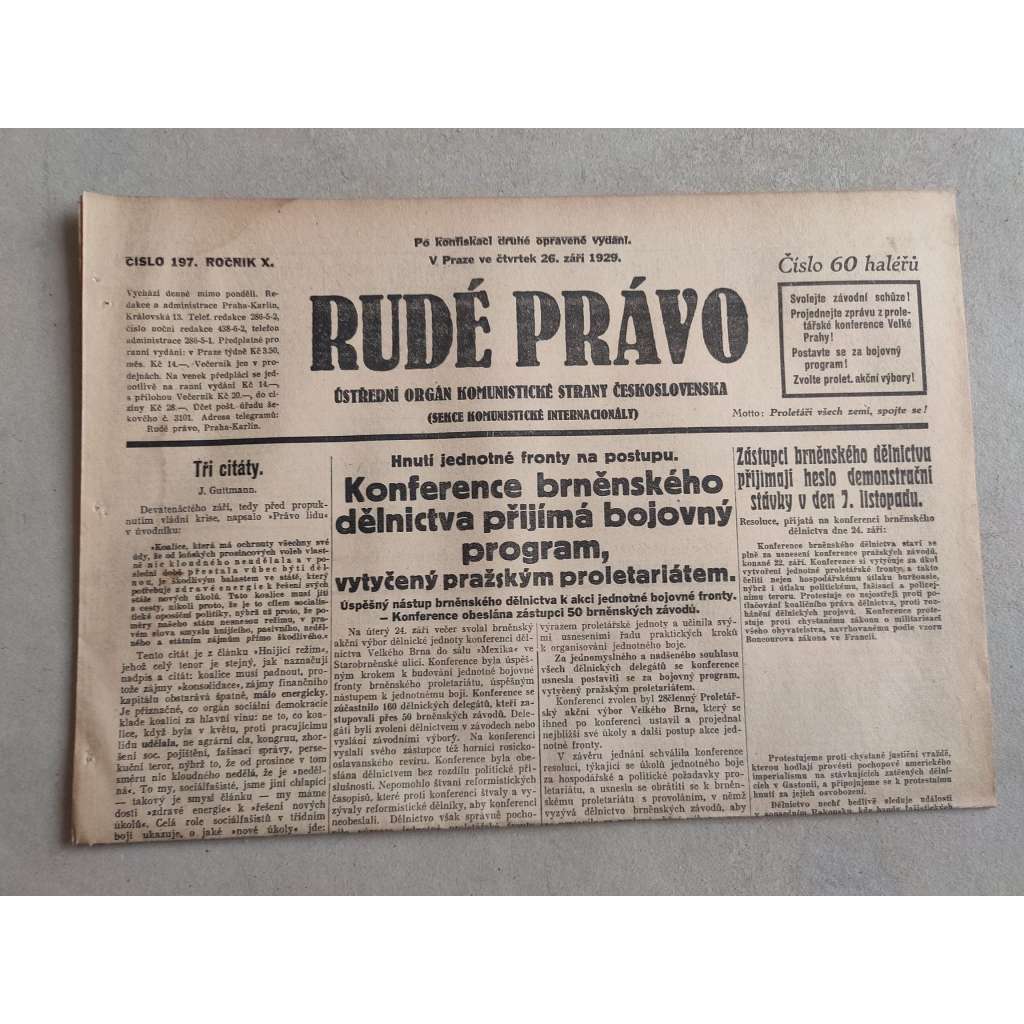 Rudé právo (26.9.1929; ročník X.) - 1. republika, staré noviny