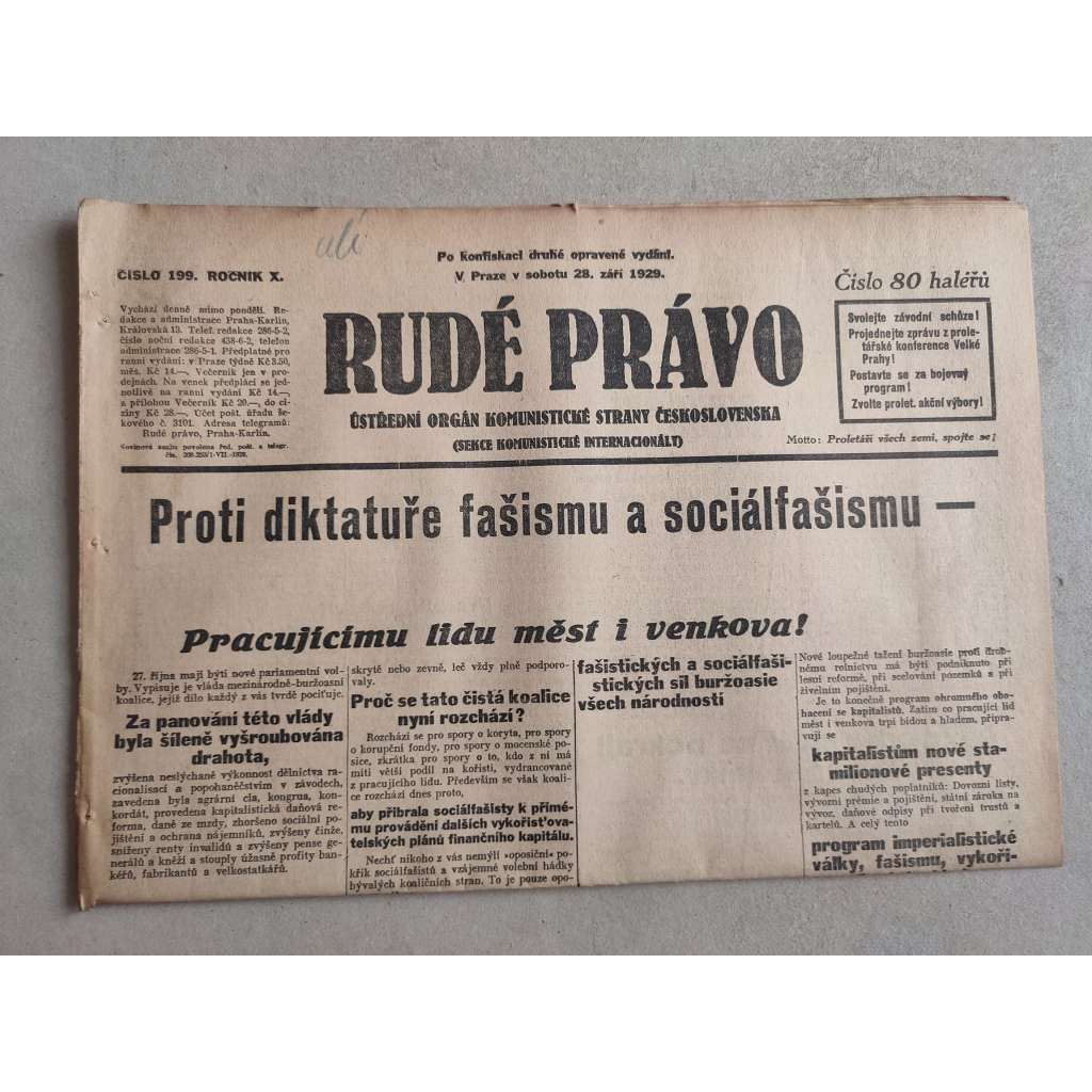 Rudé právo (28.9.1929; ročník X.) - 1. republika, staré noviny