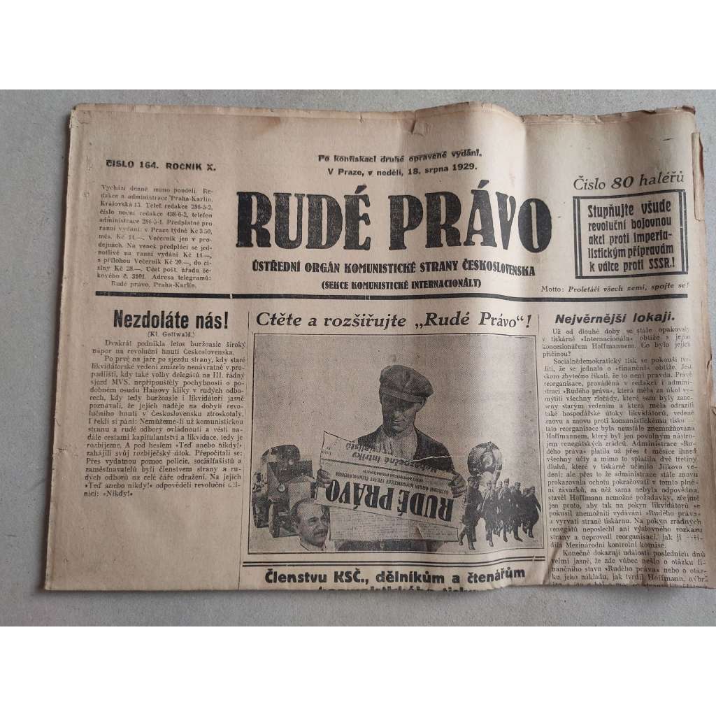 Rudé právo (18.8.1929; ročník X.) - 1. republika, staré noviny