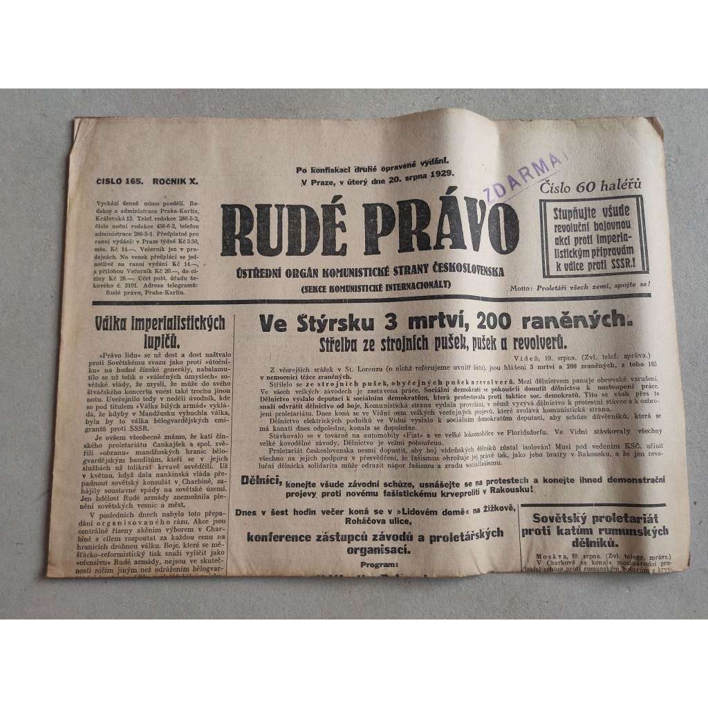 Rudé právo (20.8.1929; ročník X.) - 1. republika, staré noviny