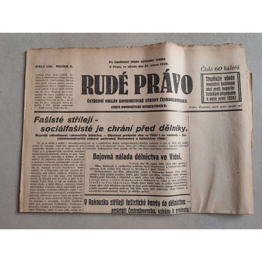 Rudé právo (21.8.1929; ročník X.) - 1. republika, staré noviny