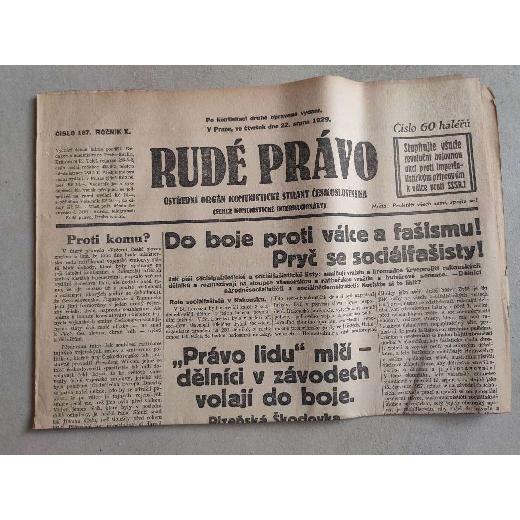 Rudé právo (22.8.1929; ročník X.) - 1. republika, staré noviny