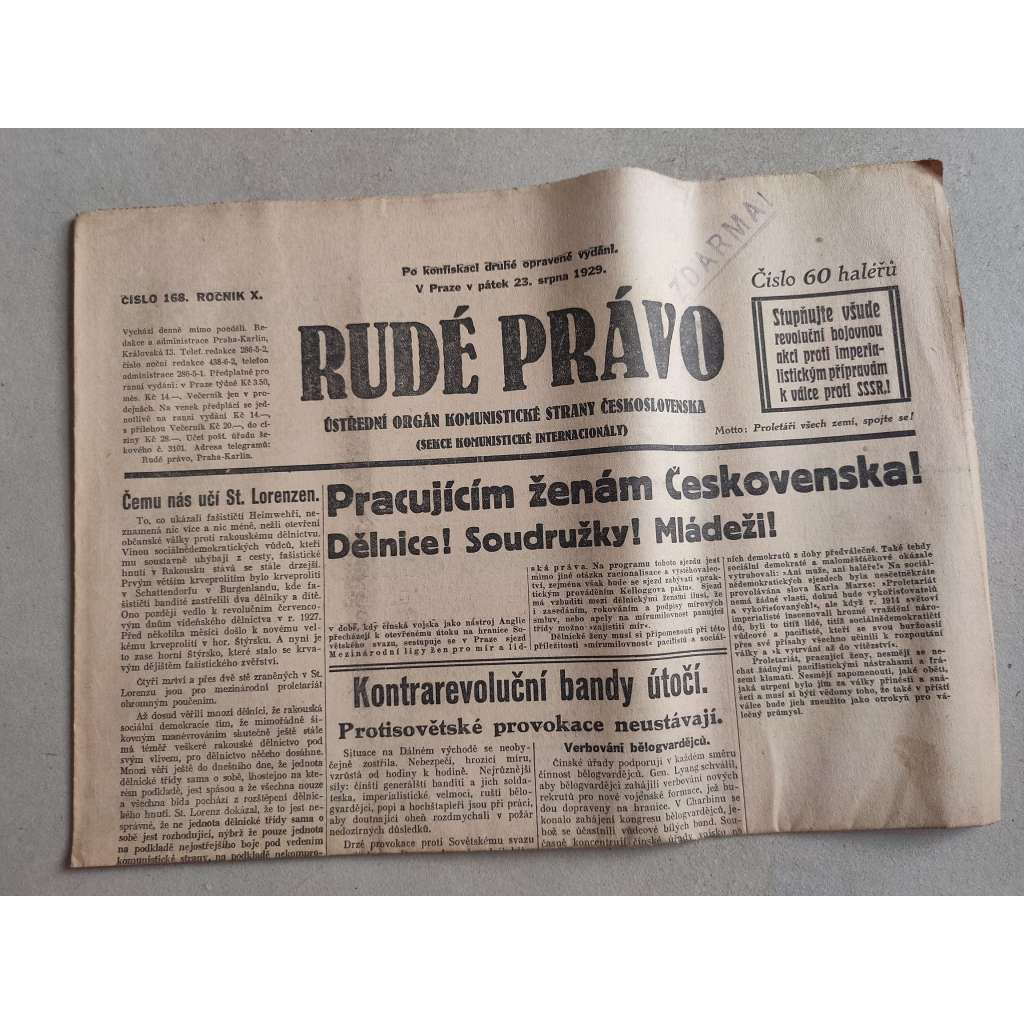 Rudé právo (23.8.1929; ročník X.) - 1. republika, staré noviny