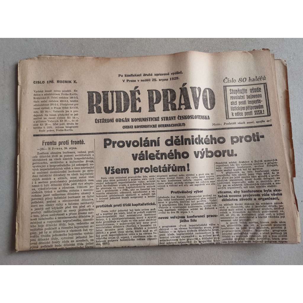 Rudé právo (25.8.1929; ročník X.) - 1. republika, staré noviny