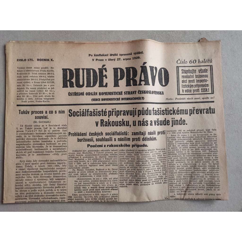 Rudé právo (27.8.1929; ročník X.) - 1. republika, staré noviny