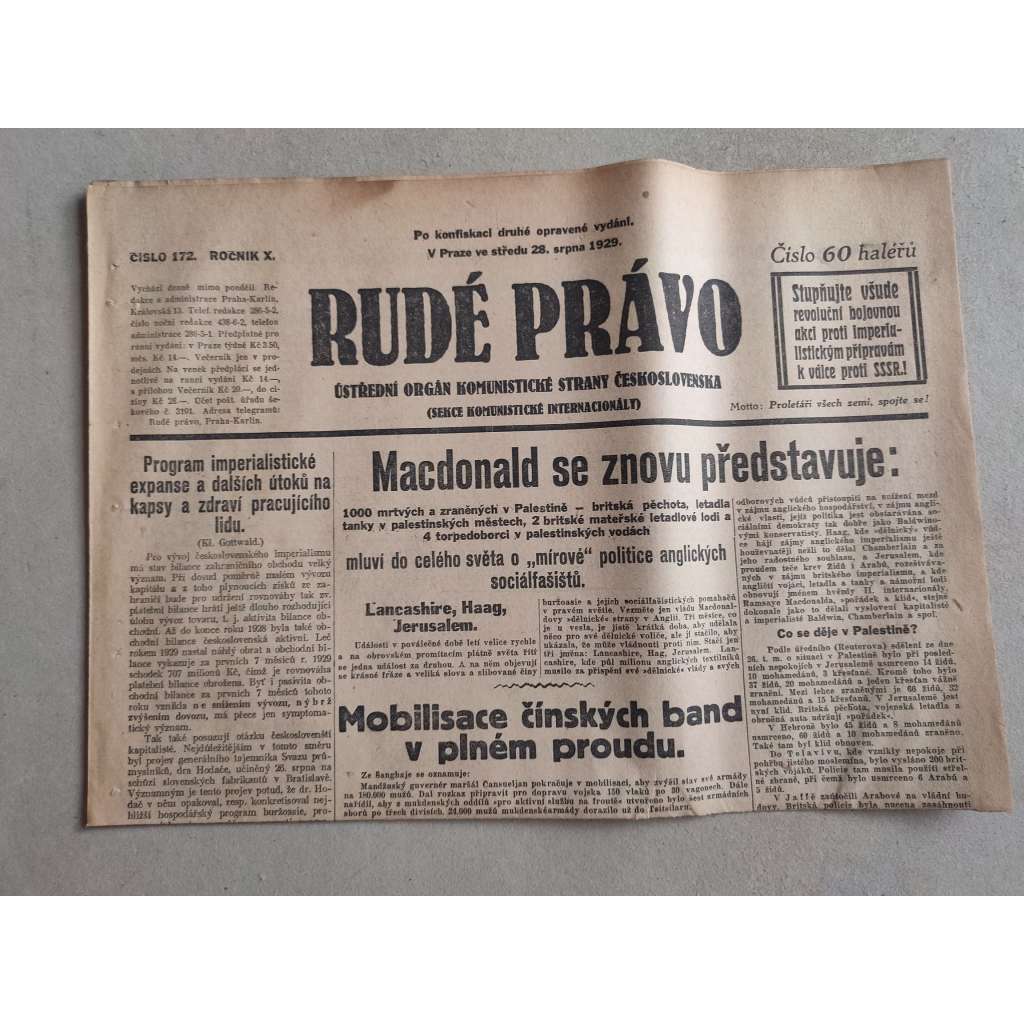 Rudé právo (28.8.1929; ročník X.) - 1. republika, staré noviny