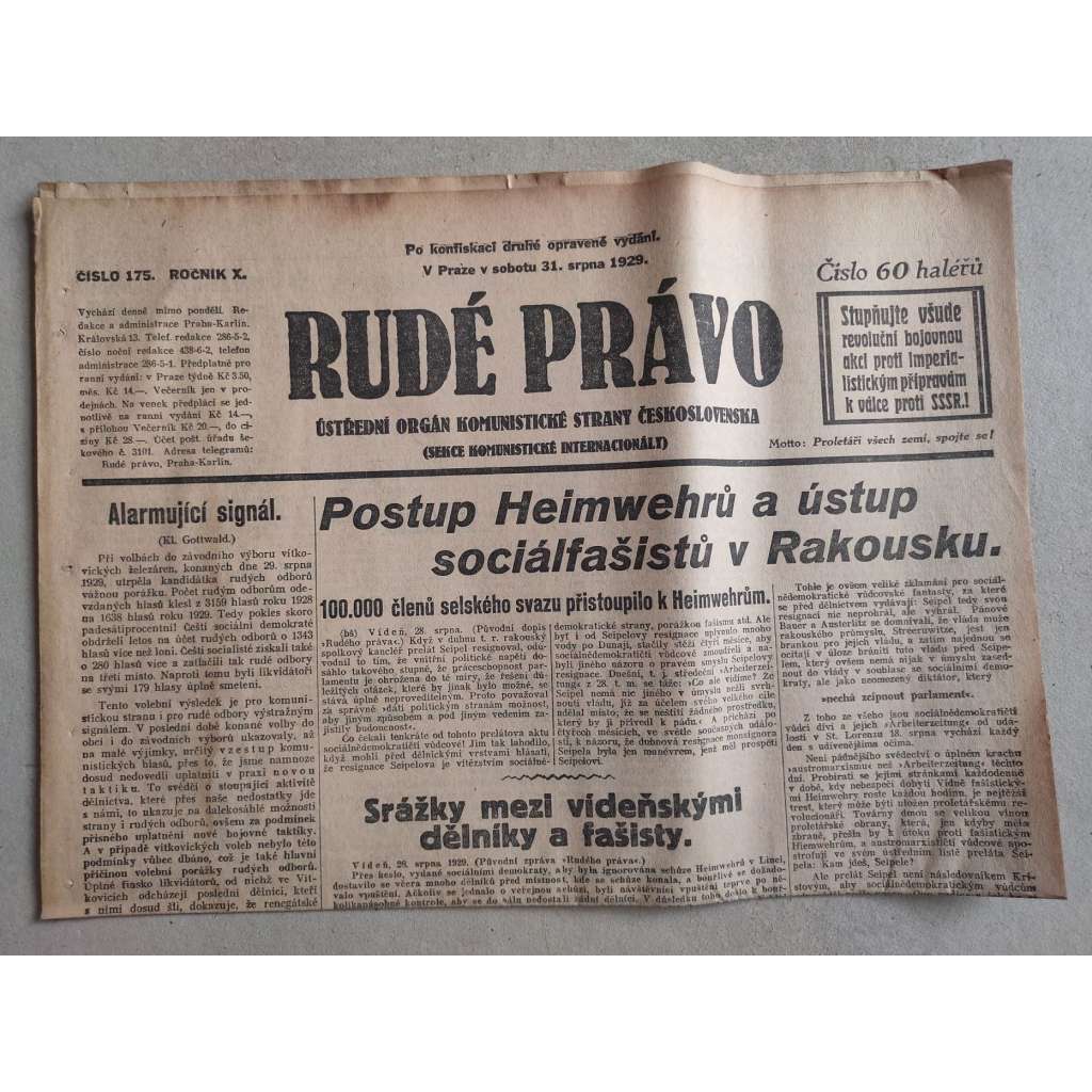 Rudé právo (31.8.1929; ročník X.) - 1. republika, staré noviny