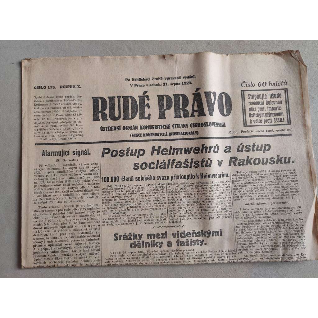 Rudé právo (31.8.1929; ročník X.) - 1. republika, staré noviny