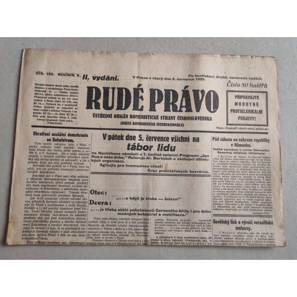 Rudé právo (2.7.1929; ročník X.) - 1. republika, staré noviny