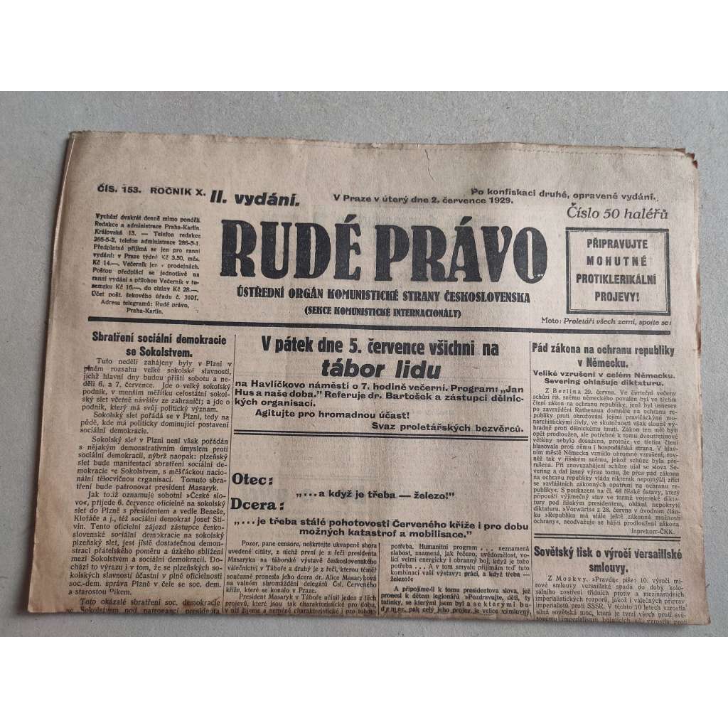 Rudé právo (2.7.1929; ročník X.) - 1. republika, staré noviny