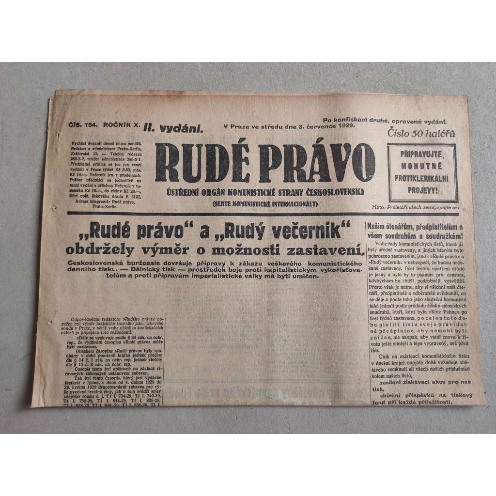 Rudé právo (3.7.1929; ročník X.) - 1. republika, staré noviny