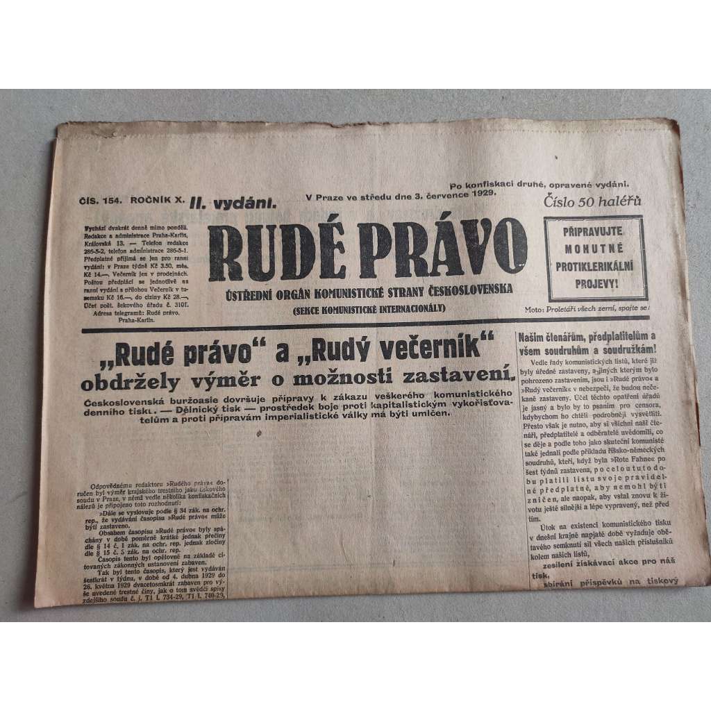 Rudé právo (3.7.1929; ročník X.) - 1. republika, staré noviny