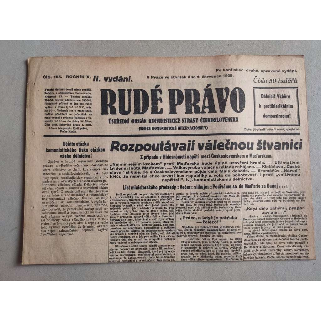 Rudé právo (4.7.1929; ročník X.) - 1. republika, staré noviny