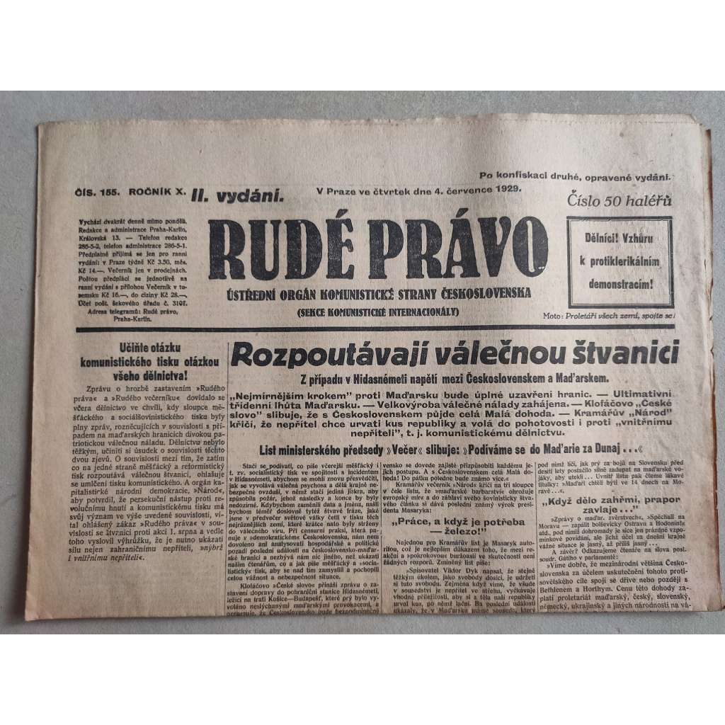 Rudé právo (4.7.1929; ročník X.) - 1. republika, staré noviny