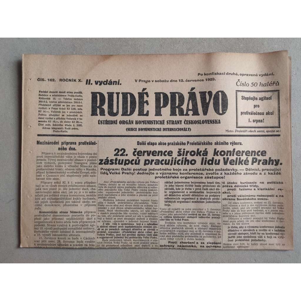 Rudé právo (13.7.1929; ročník X.) - 1. republika, staré noviny