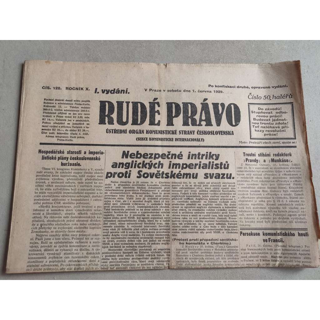 Rudé právo (1.7.1929; ročník X.) - 1. republika, staré noviny