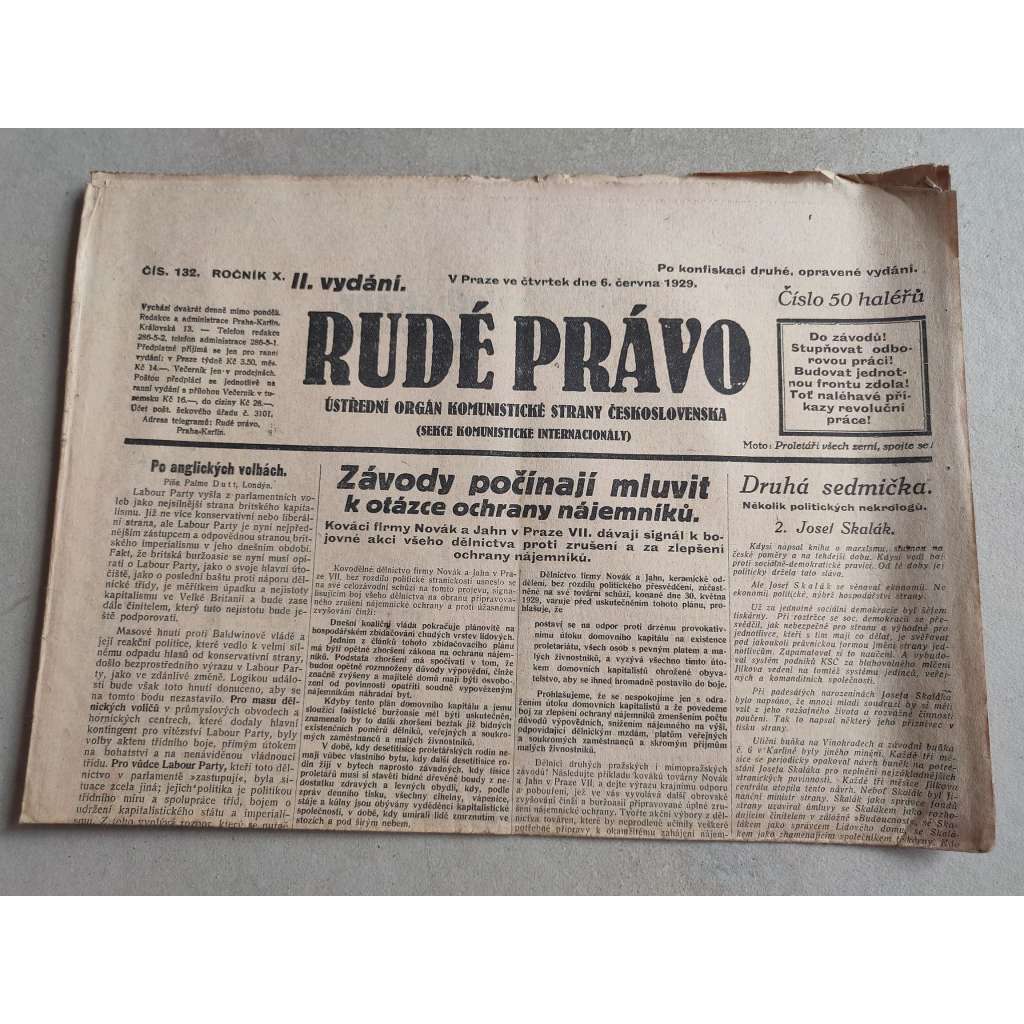 Rudé právo (6.7.1929; ročník X.) - 1. republika, staré noviny