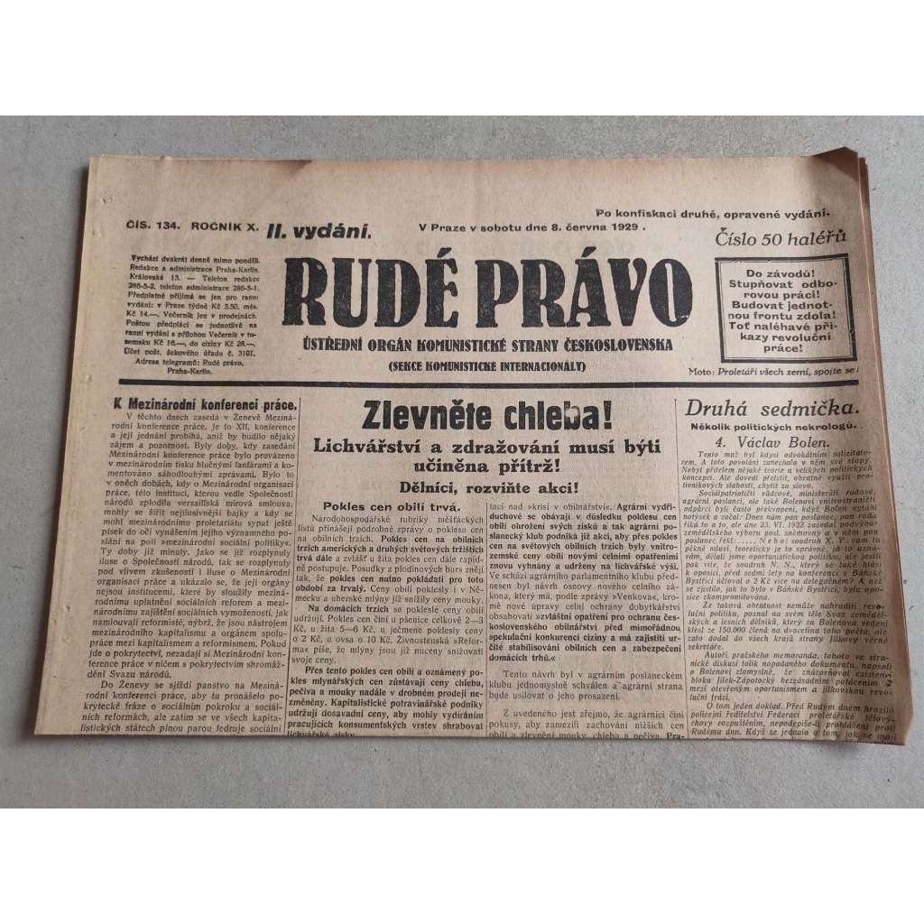 Rudé právo (8.6.1929; ročník X.) - 1. republika, staré noviny