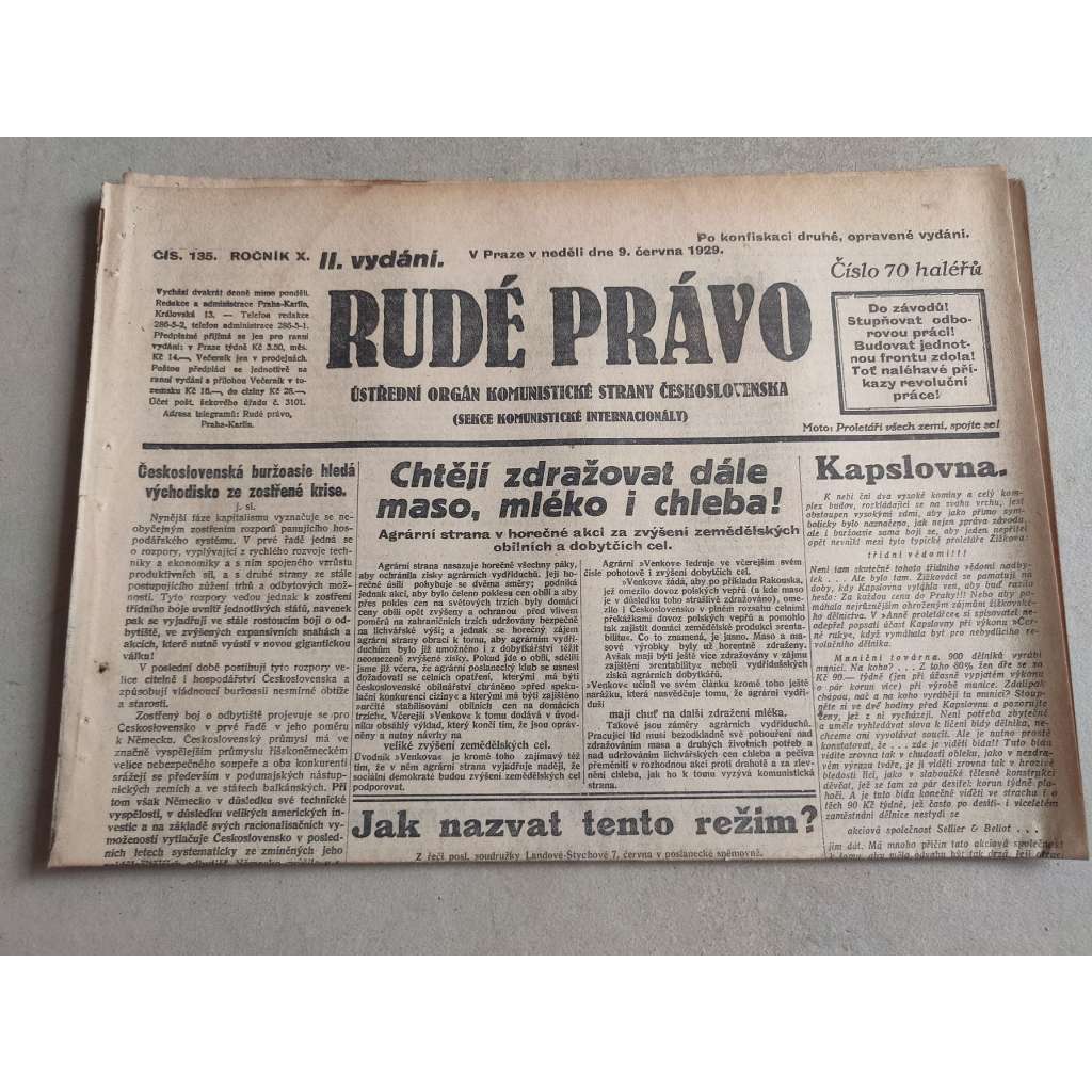 Rudé právo (9.6.1929; ročník X.) - 1. republika, staré noviny