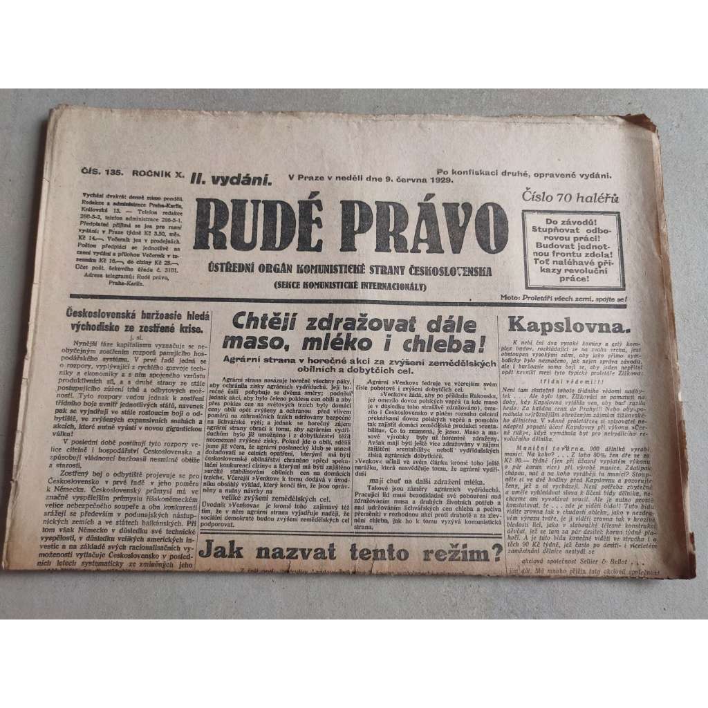 Rudé právo (9.6.1929; ročník X.) - 1. republika, staré noviny