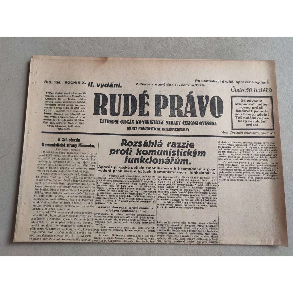 Rudé právo (11.6.1929; ročník X.) - 1. republika, staré noviny