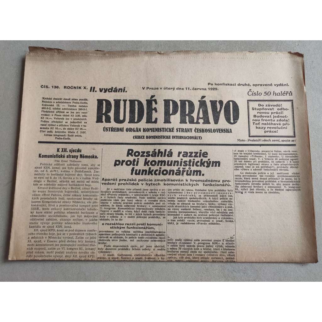 Rudé právo (11.6.1929; ročník X.) - 1. republika, staré noviny