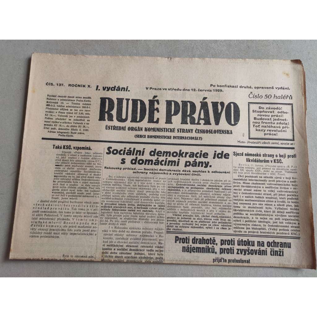 Rudé právo (12.6.1929; ročník X.) - 1. republika, staré noviny