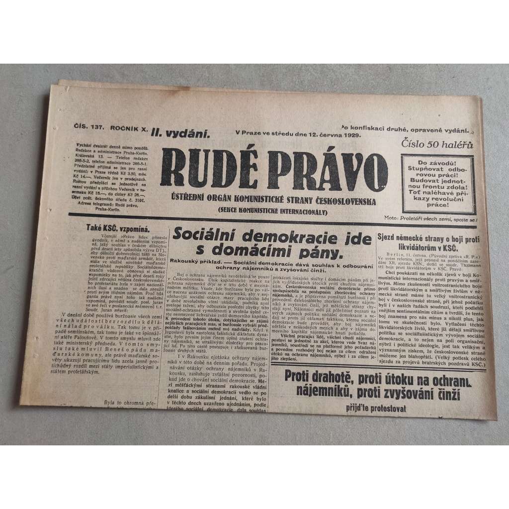 Rudé právo (12.6.1929; ročník X.) - 1. republika, staré noviny