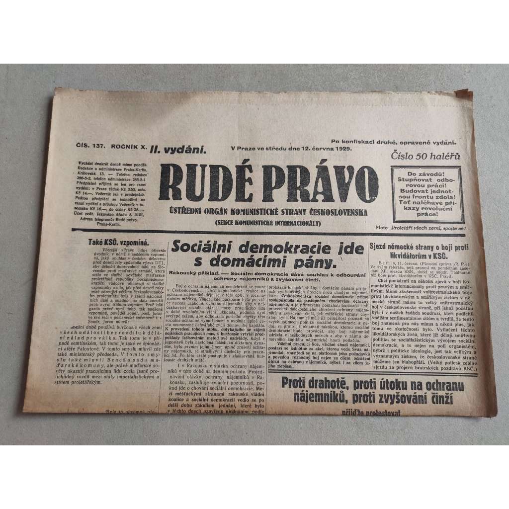 Rudé právo (12.6.1929; ročník X.) - 1. republika, staré noviny