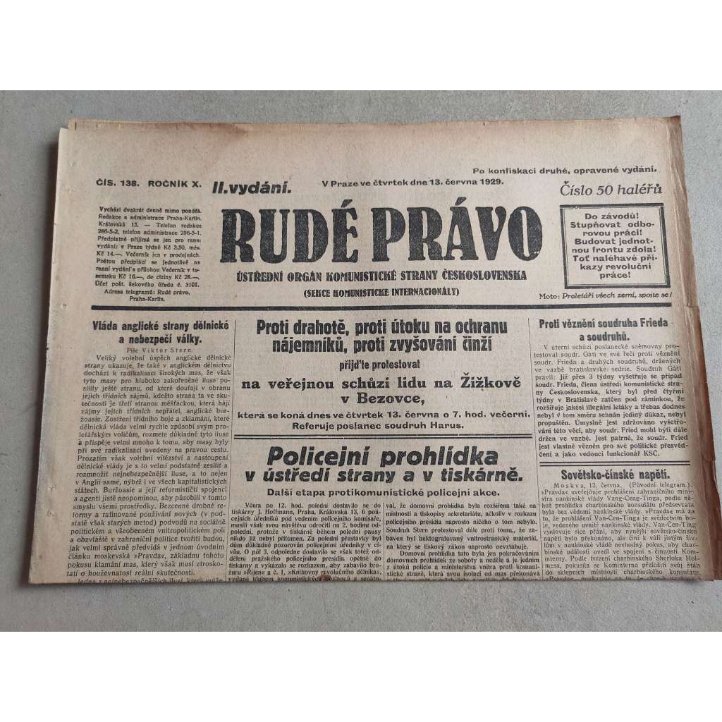 Rudé právo (13.6.1929; ročník X.) - 1. republika, staré noviny