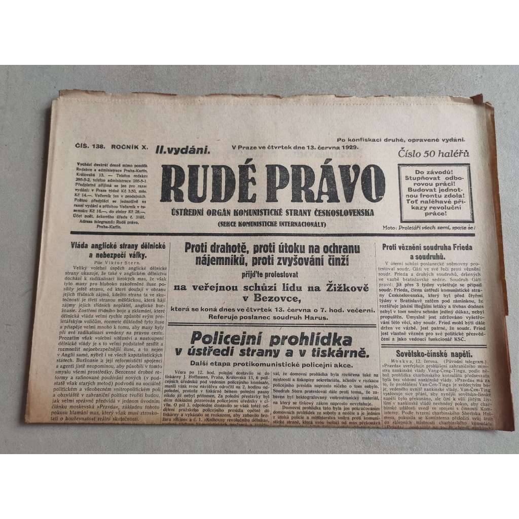 Rudé právo (13.6.1929; ročník X.) - 1. republika, staré noviny