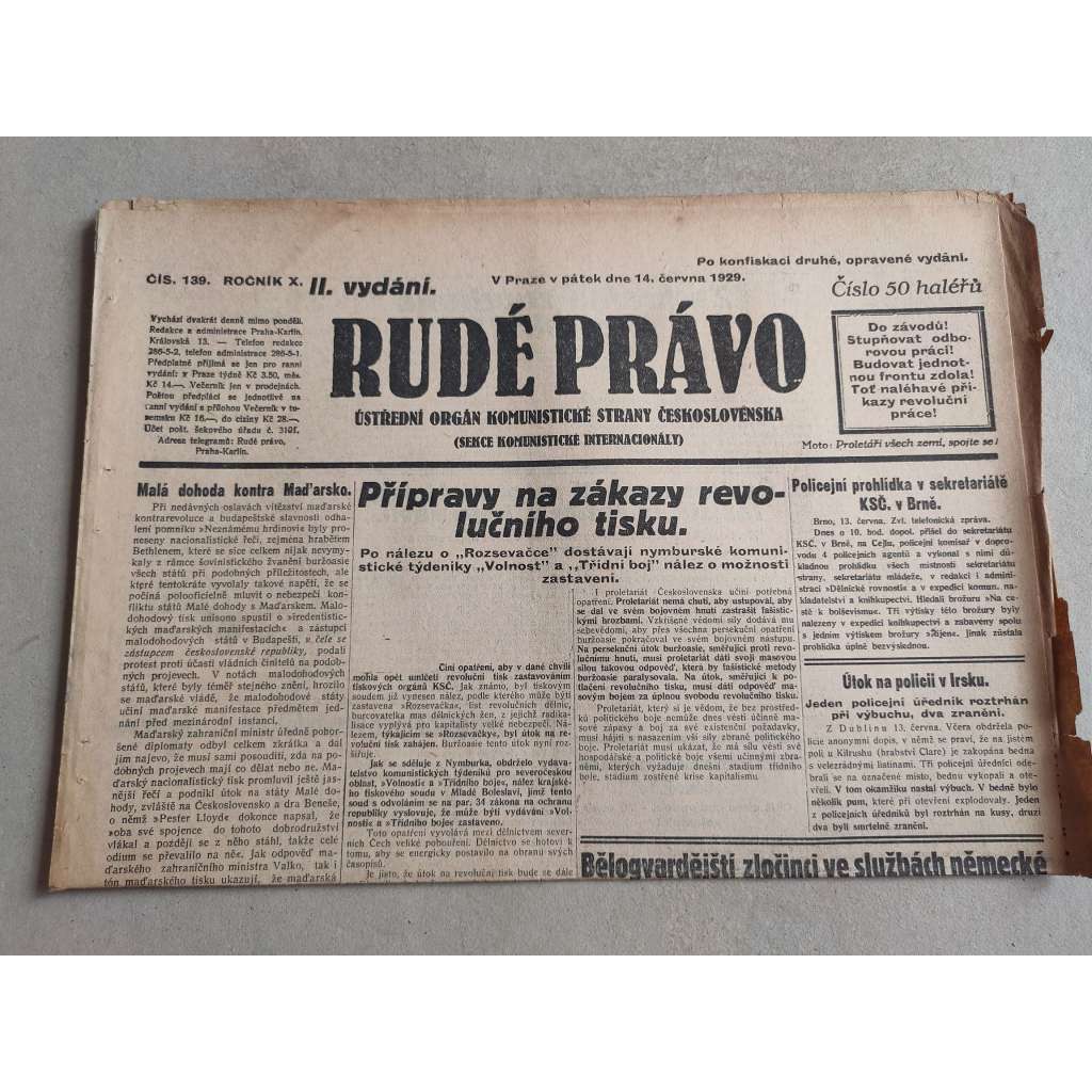 Rudé právo (14.6.1929; ročník X.) - 1. republika, staré noviny