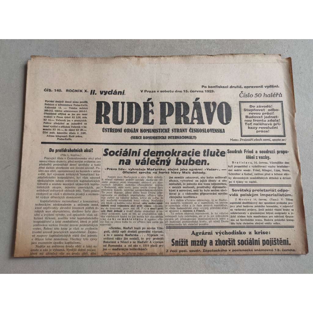 Rudé právo (15.6.1929; ročník X.) - 1. republika, staré noviny