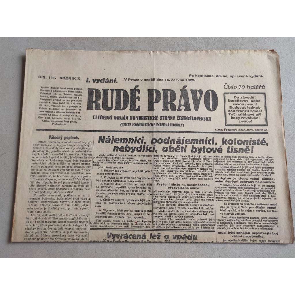 Rudé právo (16.6.1929; ročník X.) - 1. republika, staré noviny